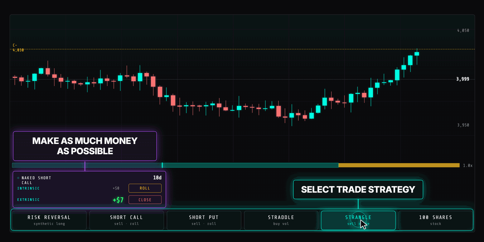 How to play the Passive Nomads options game: read the price chart, watch your open position's intrinsic and extrinsic value, then select a trade strategy (risk reversal, short call, short put, straddle, strangle or 100 shares) to make as much money as possible.